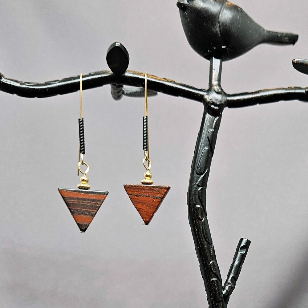 Earrings, Natural, Brecciated Jasper Gemstone Triangle Beads, Handmade 2 1/4"